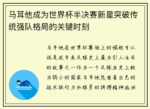 马耳他成为世界杯半决赛新星突破传统强队格局的关键时刻