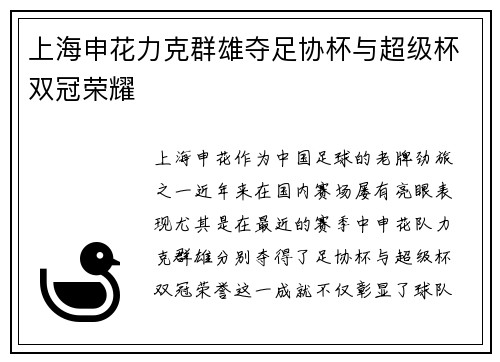 上海申花力克群雄夺足协杯与超级杯双冠荣耀